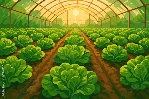 Sunlit Lettuce Greenhouse. Dynamic shot of fresh green lettuce heads growing in neat rows vector illustration under a sunlit