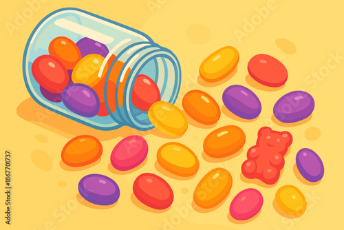 Colorful Gummy Spill. Vibrant gummy vitamins spilling out of a glass jar, bright and colorful tones, soft lighting, vector