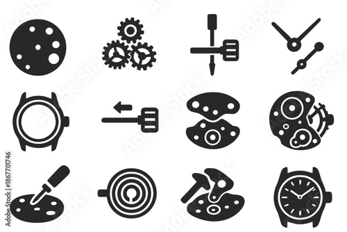 Watch Assembly Icons. Solid style icons of Watch assembly: movement plate, gear stack, winding stem, hands fitting, case sealing,