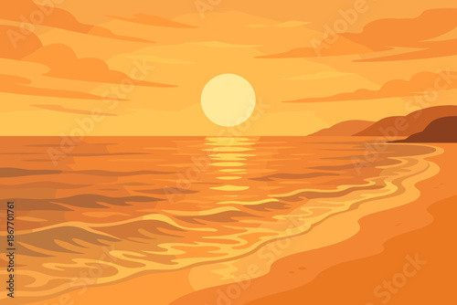 Sunset Beach Serenity. Scenic beach at sunset with soft golden light reflecting on gentle waves, tranquil and serene tones, vector