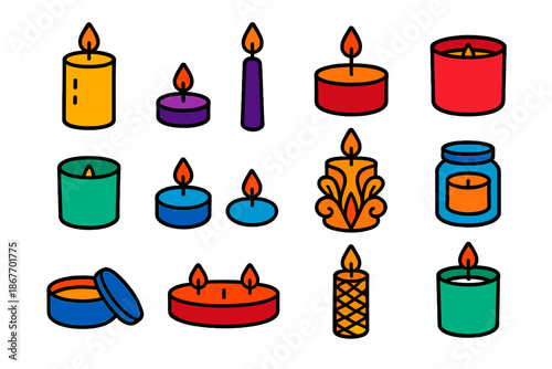Colorful Candle Icons. Flat vector icons of Candle Types: pillar candle, tealight, taper candle, container candle, votive candle,