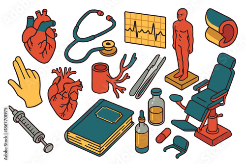 Vintage Cardiology Icons. Isometric vector illustration set Vintage Cardiology: classic heart anatomy, stethoscope tubing, EKG