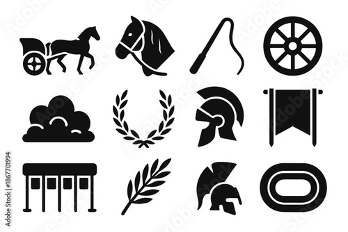 Chariot Racing Icons. Solid style icons of Chariot Racing: Chariot, Horse, Reins, Whip, Wheel, Sand Cloud, Laurel, Helmet, Banner,