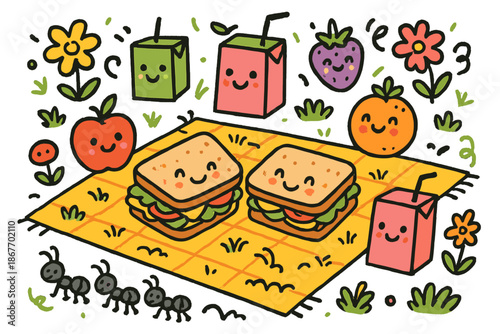 Whimsical Picnic Scene. Happy doodle picnic with sandwiches smiling, juice boxes with faces, ants marching playfully, fruits with