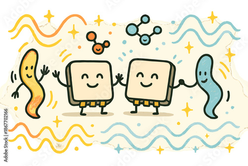 Joyful Plasmonic Doodle. Joyful doodle sensing application scene with happy plasmonic chips, cartoon light signals waving, tiny
