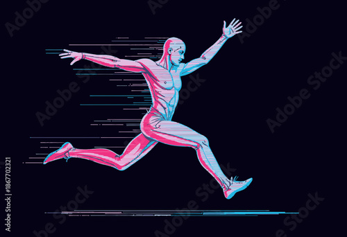 Dynamic Illustration of Futuristic Humanoid Form Swiftly Running Forward with Energetic Motion Lines Demonstrating Speed and Agility in a Digital Style