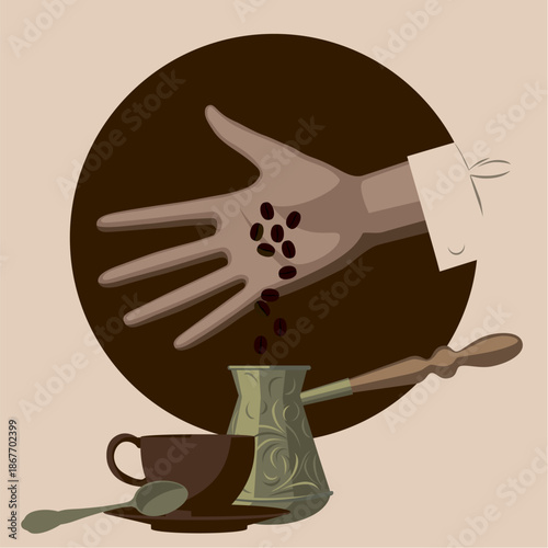 Hand pours coffee beans into a cezve near a cup with a spoon.  Vector illustration in cartoon flat style