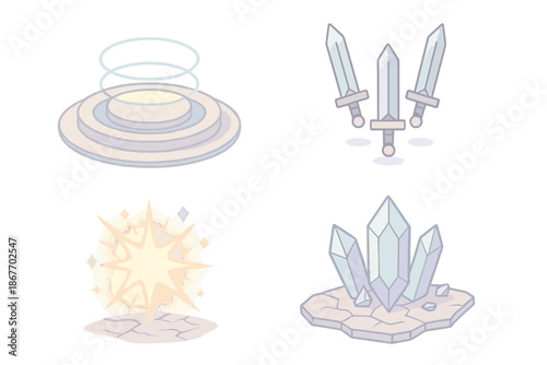 Final Trial Arena. Isometric vector illustration set Final Trial Arena: concentric light rings, hovering relic blades, cracked