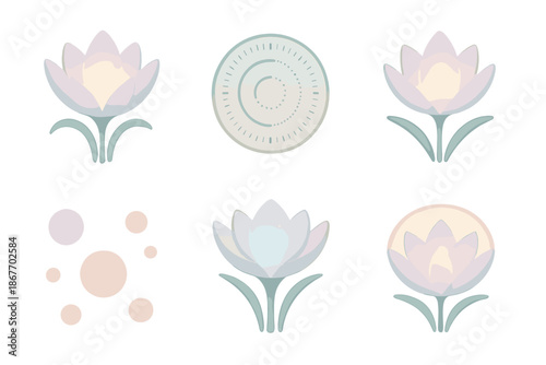 Temporal Flower Pavilion. Isometric vector illustration set Temporal Flower Pavilion: glowing petals unfolding, circular timeline