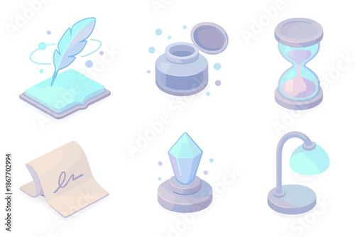 Holographic Writing Ritual. Isometric vector illustration set of Holographic Writing Ritual: floating quill over glowing page,