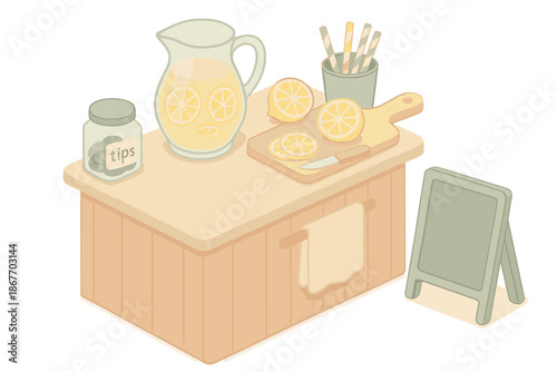Lemonade Stand Essentials. Isometric vector illustration set Lemonade Stand Vibes: counter with jug, paper straws, sliced lemons