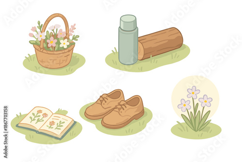 Tranquil Meadow Icons. Isometric vector illustration set Tranquil Meadow Moments: floral basket on grass, thermos beside log, open
