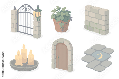 Twilight Courtyard Serenity. Isometric vector illustration set Twilight Courtyard Scene: lantern-lit gate, potted ivy, old stone
