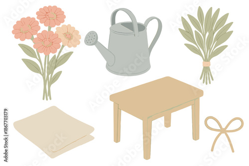 Garden Harvest Icons. Isometric vector illustration set Garden Harvest Flowers: zinnia bouquet, watering pot, bundle of herbs,