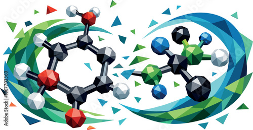 Geometric Molecular Art. Low-poly vector illustration focused on transforming pheromone molecular structures into a modern art