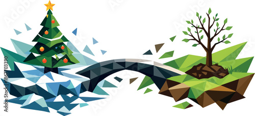 Seasonal Time Bridge. Low-poly vector illustration focused on a visual metaphor of time as a bridge between a Christmas tree and a