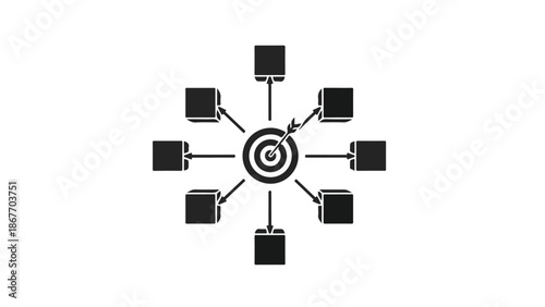 Black and white illustration of connected devices targeting a central hub, representing network, communication, and technology