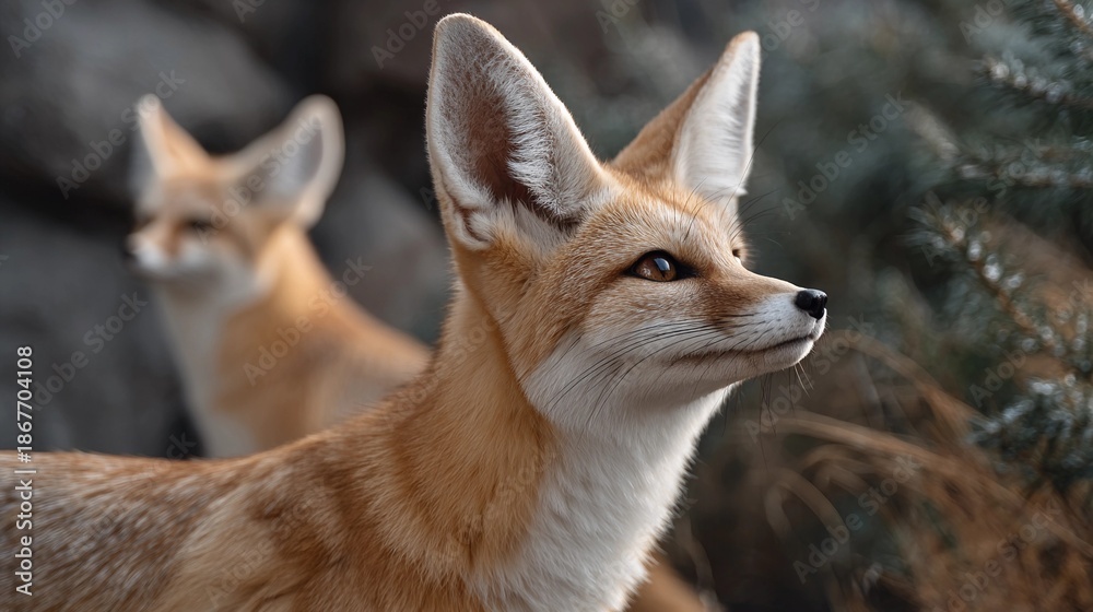 Fototapeta premium Two foxes are standing in a field, one of which is looking at the camera