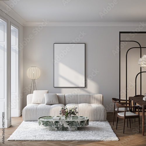 Modern Living Room Poster Frame Mockup with Natural Light and Minimalist Decoration. 3D render. © mtlapcevic