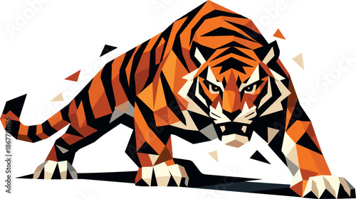 Geometric Tiger Power. Low-poly vector illustration focused on a powerful tiger, polygonal geometric style with sharp triangular