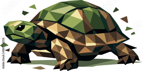 Geometric Turtle Design. Low-poly vector illustration focused on a turtle, polygonal geometric style with sharp triangular edges,