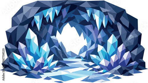 Crystalline Cave Vectors. Low-poly vector illustration focused on a crystalline cave interior, polygonal geometric style with