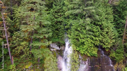 Small waterfall flowing out of lush Pacific Northwest Forest Day Aerial Drone cedar rocks