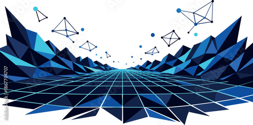 Futuristic Cyberspace Grid. Low-poly vector illustration focused on a cyberspace grid, polygonal geometric style with sharp