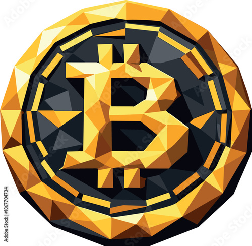 Geometric Bitcoin Illustration. Low-poly vector illustration focused on an iconic Bitcoin coin representing cryptocurrency and