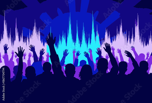 Vibrant Nightlife: Silhouetted Crowd Dancing to Dynamic Music Waves in Colorful, Energetic Atmosphere at a Thrilling Live Concert or Festival Event