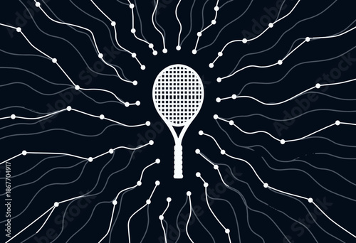 Intricate Network of White Lines Radiating Interactively from a Tennis Racket Silhouette on a Dark Background