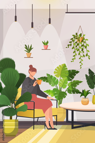 A woman relaxing in a comfortable chair with a cup of coffee or tea in her hands, surrounded by houseplants, enjoying the peaceful hobby of indoor gardening. Vector Not AI generated
