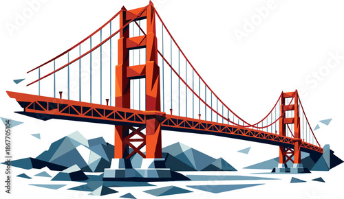 Polygonal Golden Gate Bridge. Low-poly vector illustration focused on the Golden Gate Bridge, polygonal geometric style with sharp