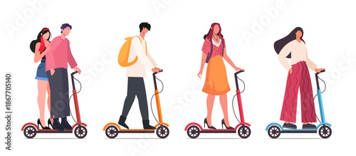 Collection of yong people riding kick scooters isolated on white background. Electric transports set. Eco-friendly green vehicles. Vector Not AI generated