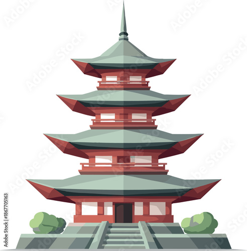 Minimalist Pagoda Icon. Low-poly vector illustration focused on a minimalist pagoda icon, polygonal geometric style with sharp