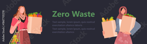 Zero Waste concept. Two young women in casual clothes holding reusable grocery bags filled with fresh produce on a dark background. Sustainable lifestyle. Vector. Not AI generated. Banner.