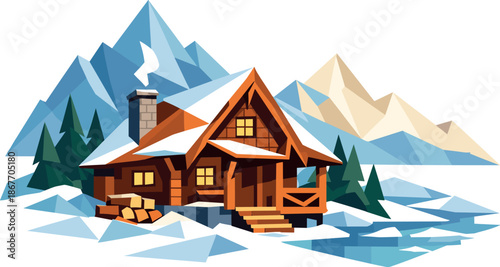 Cozy Mountain Cabin. Low-poly vector illustration focused on a cozy mountain cabin, polygonal geometric style with sharp