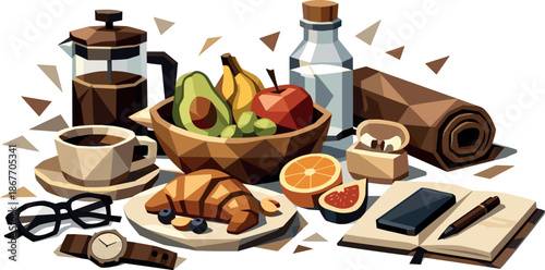 Modern Lifestyle Poly Art. Low-poly vector illustration featuring a curated lifestyle composition of food and everyday objects