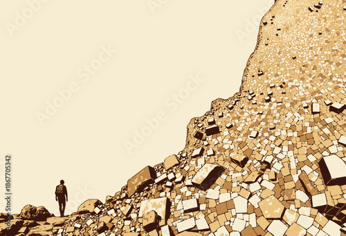 Lone Traveler Walking Along a Surreal Cliff of Geometric Rock Formations in an Otherworldly Landscape Under a Vast Expansive Sky