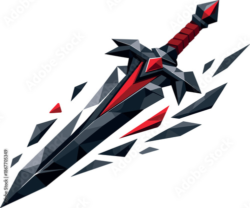 Mystical Sword Vector. Low-poly vector illustration of a mystical sword as a symbol of fantasy warfare and ancient legends,