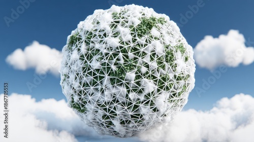 Abstract geometric sphere partially covered in snow floats in a bright blue sky among white clouds