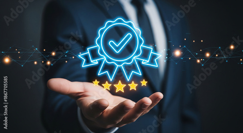 Hands presenting a blue certified badge with stars, perfect for warranty banners, approval concepts, and premium quality plans