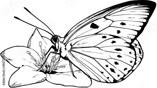 Black and white butterfly perched on a blooming flower.