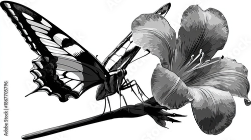 Delicate butterfly rests on a blooming flower in monochrome style.