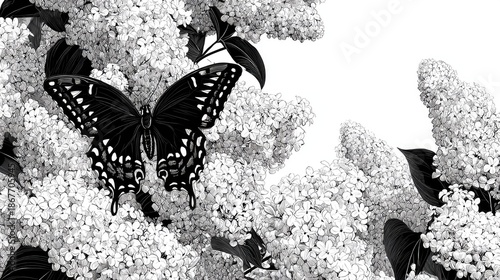 Black butterfly rests on delicate white flowers in artistic monochrome.