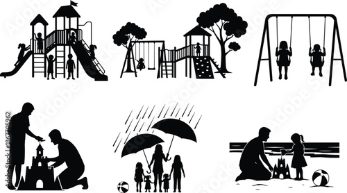 Black silhouettes of children playing on playground, families building sandcastles, walking in rain, park activities, cad drawing flat vector illustration, isolated.