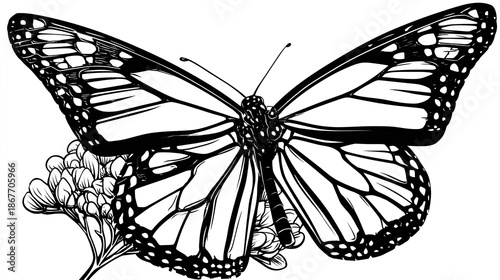 Detailed black and white monarch butterfly with flowers.