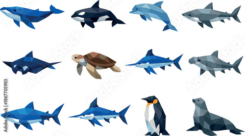 Low-Poly Marine Icons. A classic low-poly ocean wildlife vector icon set featuring marine animals such as whales, dolphins, and