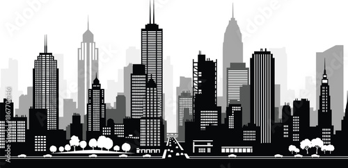 Urban city skyline silhouette, modern skyscraper buildings, metropolis downtown panorama with street traffic, cad drawing flat vector illustration, isolated.