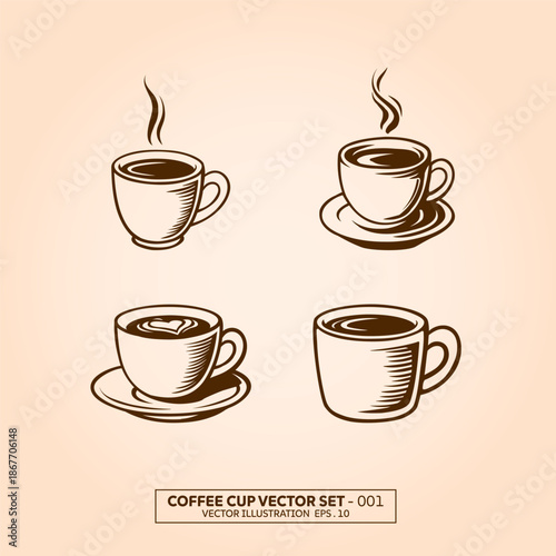 Vector set of coffee cup pack, vector illustration. Vintage style drawing Isolated items on white background.
